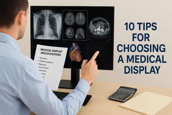 Procurement manager reviewing a medical display specification sheet to ensure accurate diagnostic performance and compliance for hospital purchase decisions.