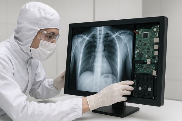 A researcher in a cleanroom lab inspecting a medical display panel