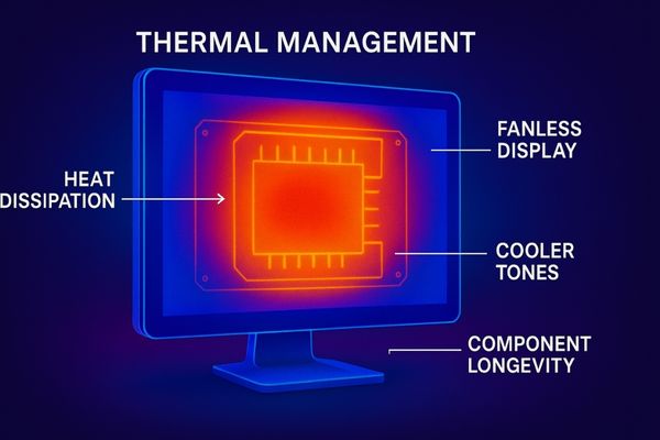 A thermal imaging view of a fanless display showing efficient heat dissipation