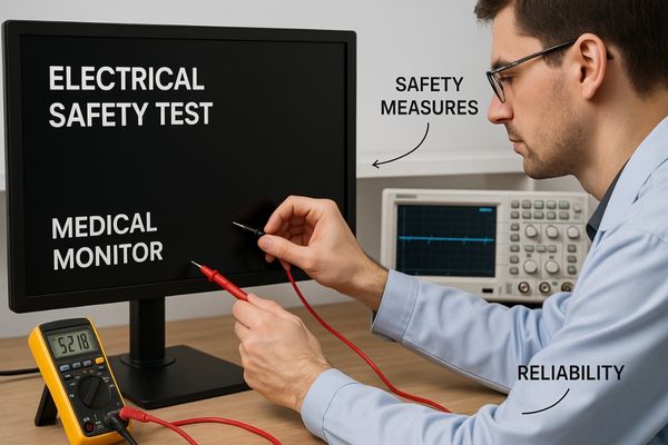 An engineer conducting an electrical safety test on a medical monitor in a lab