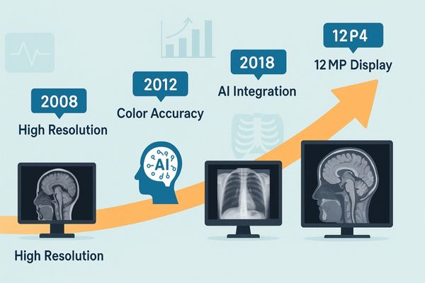 Timeline infographic illustrating key advancements in medical display technology, including high resolution, color accuracy, AI integration, and 12MP display evolution.