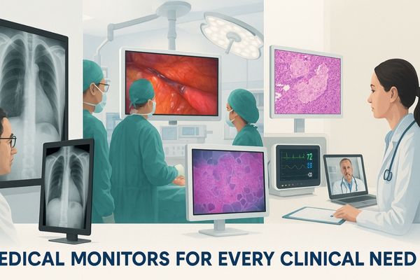 Four specialized medical displays in different hospital settings, showcasing radiology, surgery, pathology, and ICU monitoring applications.