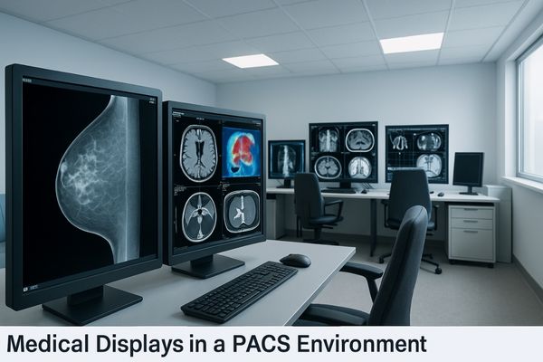 Modern radiology reading room featuring multiple PACS workstations with high-resolution medical displays showing CT, MRI, and mammography images.
