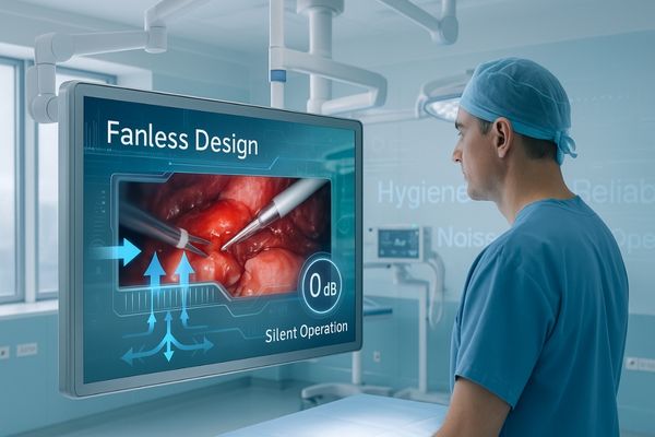 Surgeon using a fanless medical display in a modern operating room, featuring silent operation and advanced thermal design