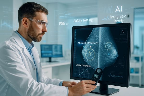 Medical engineer testing a high-resolution mammogram display for accuracy and safety in a modern laboratory