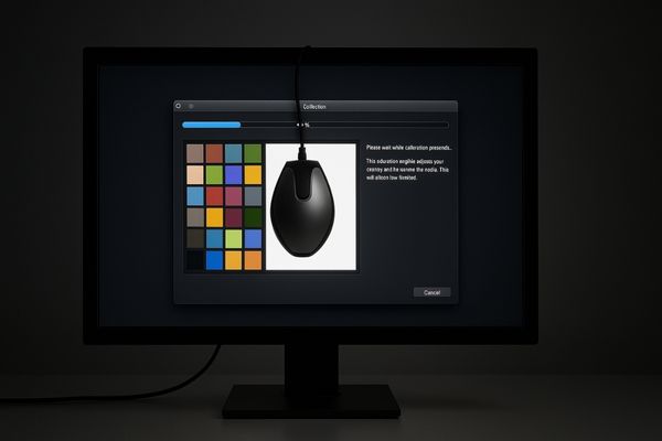 A medical monitor being calibrated with a colorimeter puck placed on the screen
