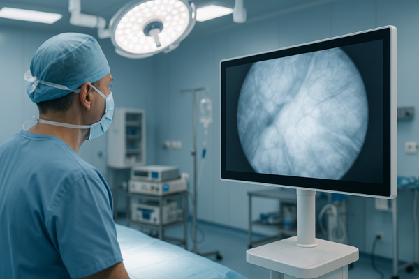 Urologist performing cystoscopy procedure with Full HD endoscopic monitor showing clear bladder visualization