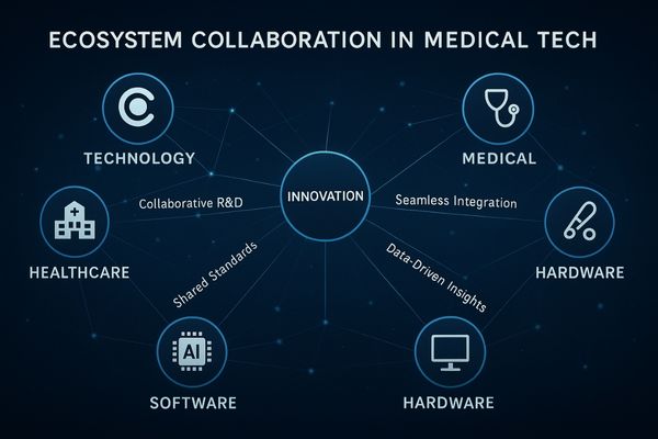 A graphic showing logos of different tech and medical companies connected in a network