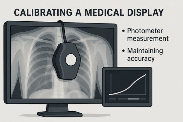A calibration sensor placed on a medical display screen measuring color and brightness