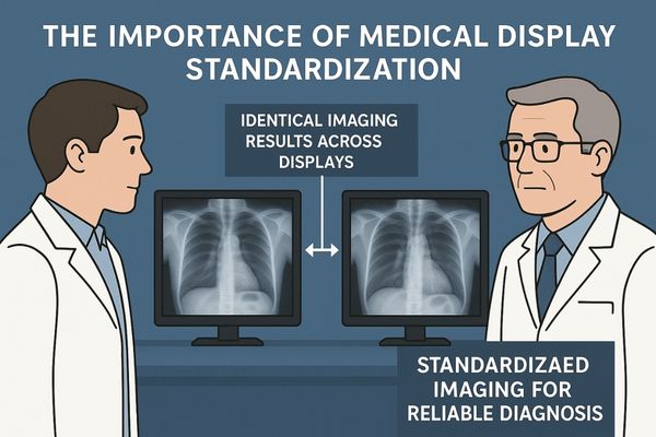 A graphic showing two doctors viewing the same image with identical quality due to standardization