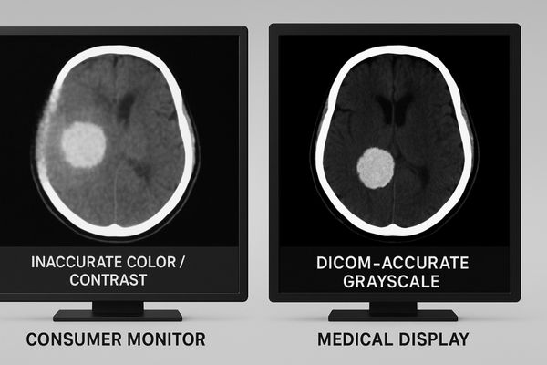 A split image showing a medical scan on a consumer monitor (inaccurate color/contrast) vs. a medical display (DICOM-accurate grayscale)