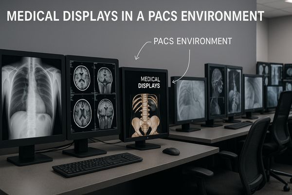 A modern radiology reading room with multiple PACS workstations