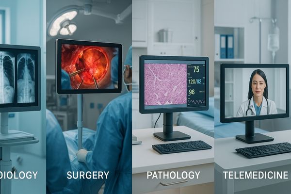 An image showcasing different medical displays in various hospital settings