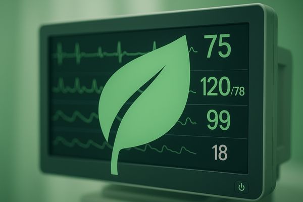 An image showing a medical display with a green leaf icon overlaying it