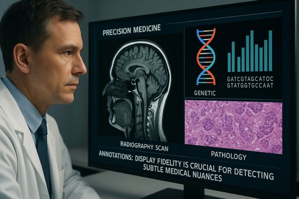 A doctor analyzing multiple data streams for precision medicine on a high-fidelity display