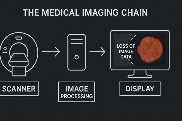A diagram of the imaging chain from scanner to display, highlighting a low-resolution monitor as a bottleneck