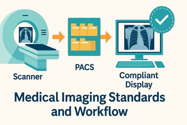 A digital infographic illustrating key medical imaging standards including DICOM, IEC, FDA, and calibration workflows.