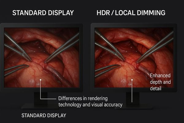 A side-by-side comparison of a standard display and an HDR display showing a surgical scene
