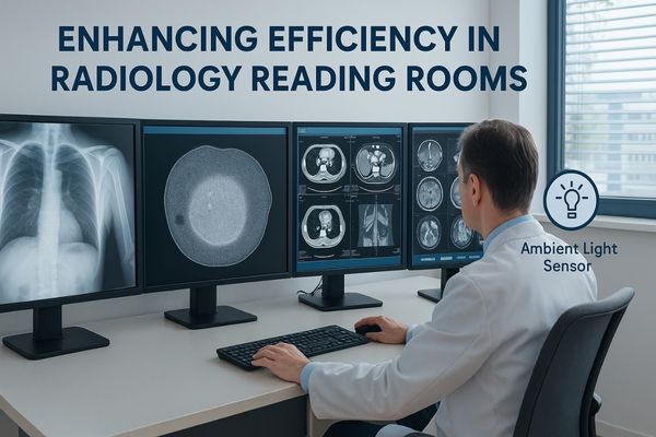 A modern radiology reading room featuring multiple high-resolution medical monitors arranged for efficient diagnostic workflows, emphasizing ergonomic setup and grayscale accuracy.
