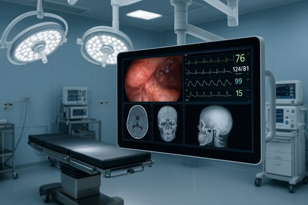 A modern operating room with a large medical display mounted on a boom arm