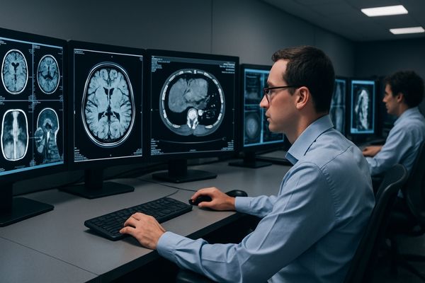 An image of a modern, efficient radiology reading room with multiple high-resolution monitors
