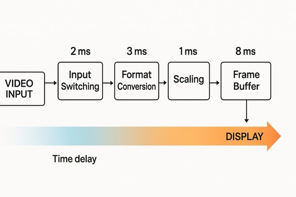 A flowchart illustrating the journey of a video signal from input to display, with labels for each latency-inducing process like 'Scaling' and 'Enhancement'