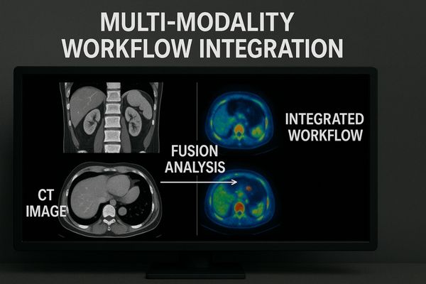 A single large medical display showing CT and PET images side-by-side for fusion analysis