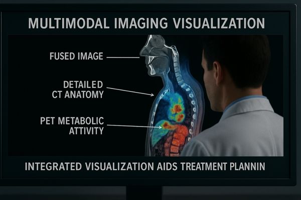 A doctor viewing a fused PET-CT image on a multimodal diagnostic monitor