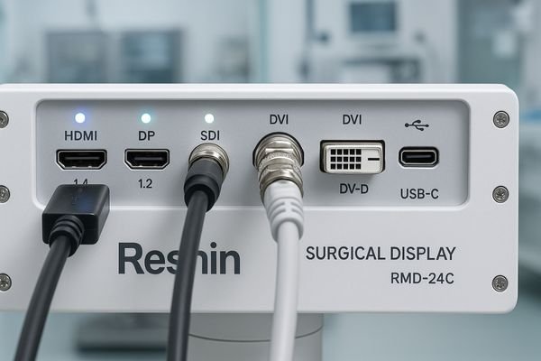 A close-up of the diverse input panel on a Reshin surgical monitor