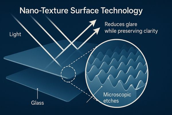 A magnified view of a nano-texture surface, showing microscopic etches controlling light