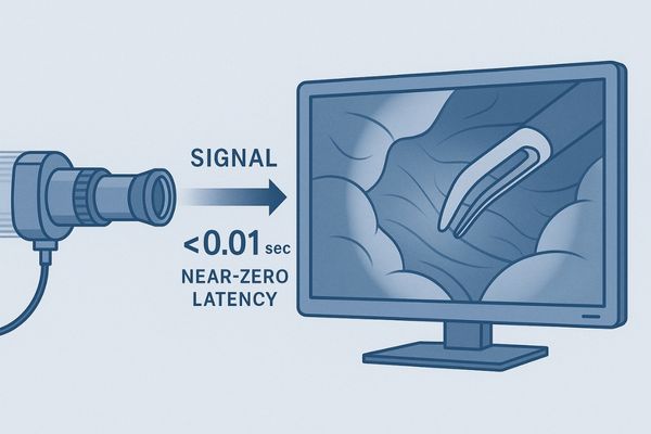 An illustration showing the near-instantaneous signal from camera to monitor