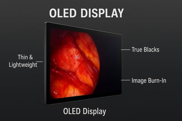 An ultra-thin OLED display showing a vibrant medical image with perfect black levels