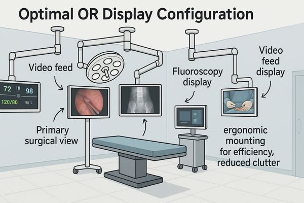 An organized operating room with multiple displays on booms