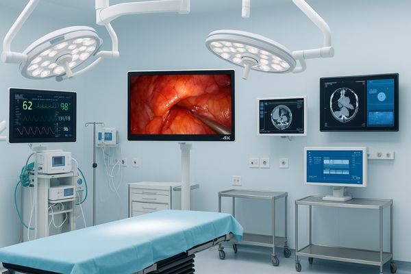Modern operating room with multiple high-resolution surgical displays mounted on articulated arms for optimized viewing.