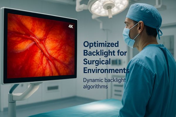 A surgeon viewing a clear, vibrant image on a 4K surgical display in a brightly lit OR