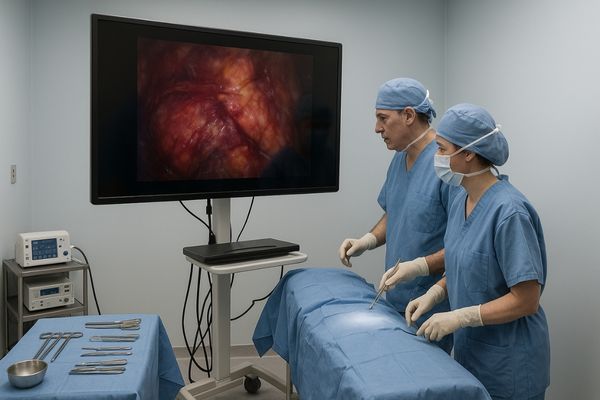 An oversized monitor in a small space, creating clutter and blocking the view between two surgeons