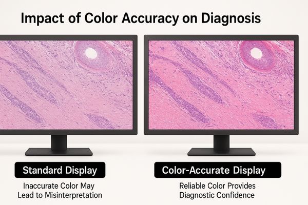 A side-by-side comparison of a pathology slide on a standard vs. a color-accurate display