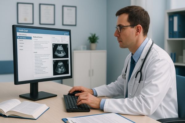A physician at a clinical workstation reviewing patient charts on a 1MP diagnostic monitor