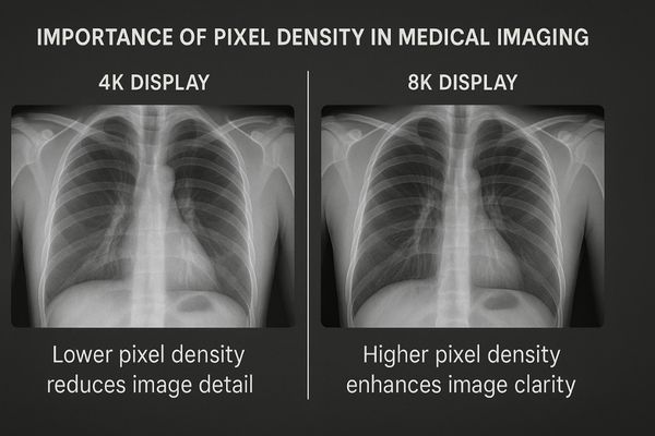 A side-by-side comparison of a detailed medical image on a 4K vs an 8K display