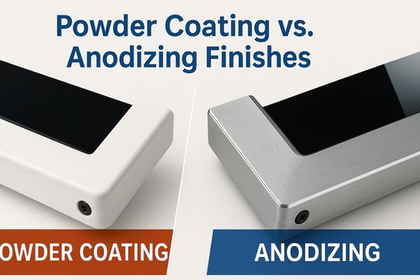 Infographic comparing powder coating and anodizing finishes on medical monitor frames, showing differences in durability, scratch resistance, and cleaning suitability.