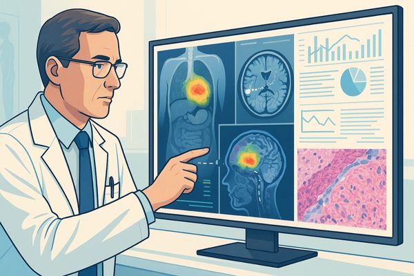 Doctor analyzing AI-enhanced medical imaging on a high-resolution display for precision medicine