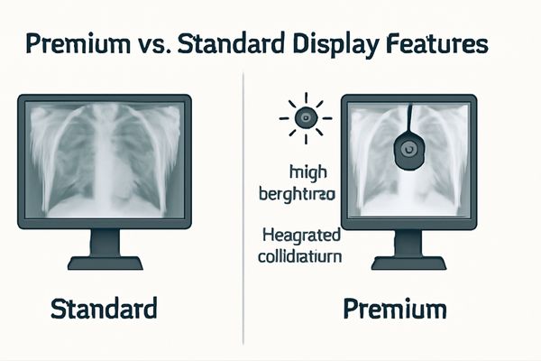 A split-screen image showing a basic monitor view vs. one with premium features like high brightness and calibration