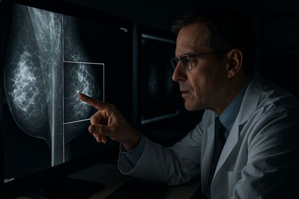A radiologist looking closely at a high-resolution 5MP monitor, pointing out a tiny, critical detail on a mammogram