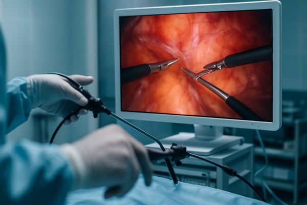 A surgeon's hands moving an instrument, with the monitor in the background showing the action in perfect sync