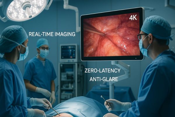 A surgical team focused on a large, bright 4K monitor in a modern operating room