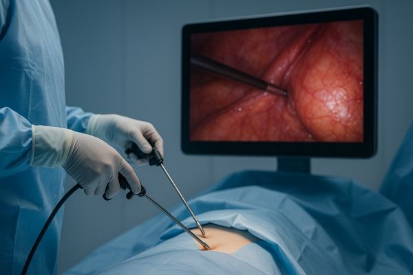 A surgeon's hands performing a laparoscopic procedure while looking at a clear, real-time image on a monitor