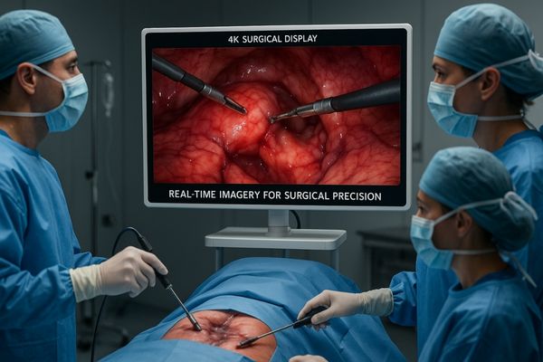 A surgical team performing a laparoscopic procedure, their eyes focused on a large 4K surgical display