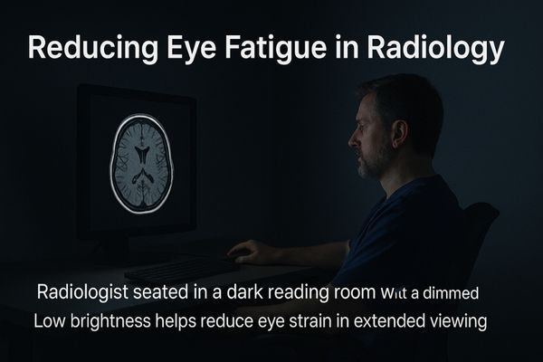 A radiologist comfortably viewing a monitor in a dimly lit room