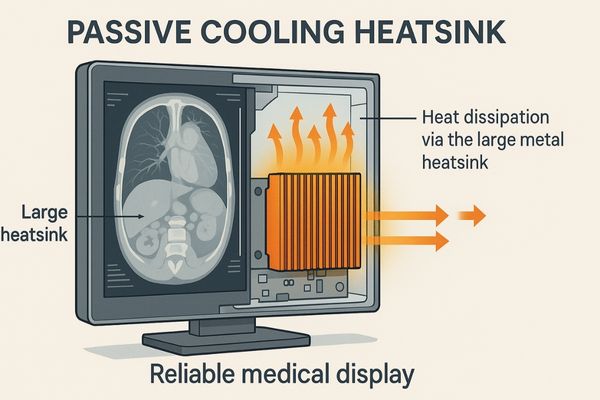 An internal view of a medical display showing a large heatsink for passive cooling