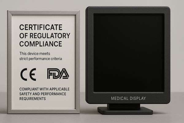 A certificate of regulatory compliance, such as CE or FDA, next to a medical monitor